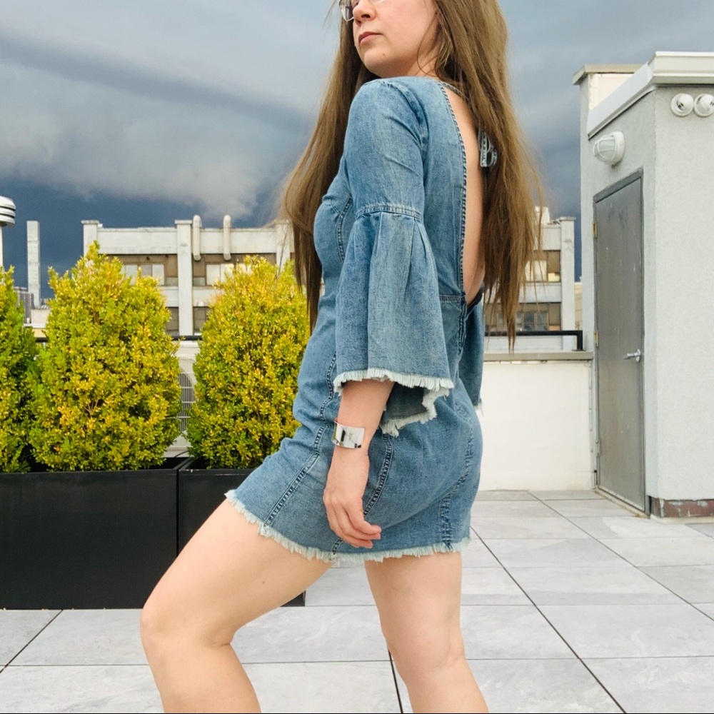 Free People Denim Fringed Raw Hem Flare Backless Dress - Picture 11 of 16